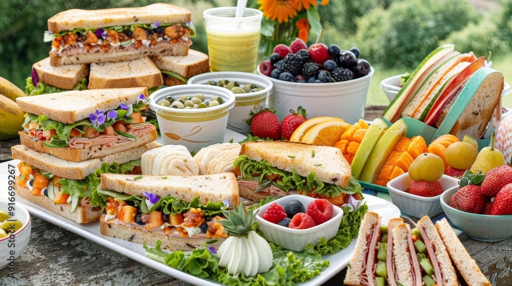 Sumptuous summer picnic food spread, fresh fruits, gourmet sandwiches, vibrant colors, Summer picnic, food spread, gourmet Sumptuous summer picnic food spread, fresh fruits, gourmet sandwiches, vibrant colors, Summer picnic, food spread, gourmet