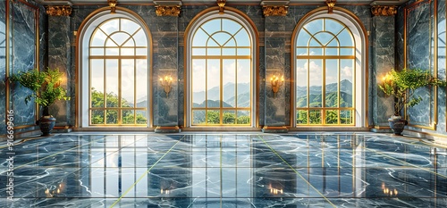 Grand ballroom with marble floors, arched windows and ornate gold trim. Perfect for weddings, events, and luxury design. photo