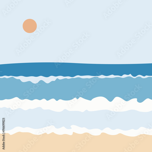 waves crashing on the beach and the sun in summer art and illustration background