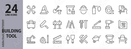 Building Tool line icons set with Builder, Tool, Helmet, Construction, Ladder, Concrete Mixer, Shovel, Spanner, Ruler, Saw, Excavator and more. Editable Stroke
