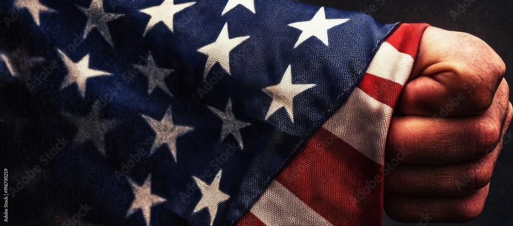 Fototapeta premium Strength and Unity in the Face of Political Challenges: The American Flag Enveloping a Raised Fist Symbolizing Patriotic Salute
