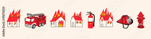 Firefighter Set, building on fire. Emergency equipment. Burning house, helmet, hose, hydrant, extinguisher, fire truck. Hand drawn Vector illustration. Isolated design elements
