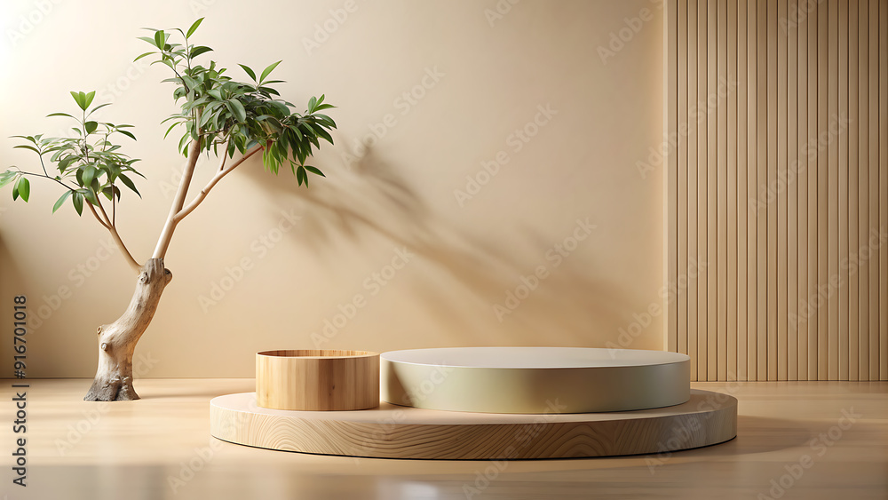 Wooden podium and tree branch on beige background Wooden podium and tree branch on beige background