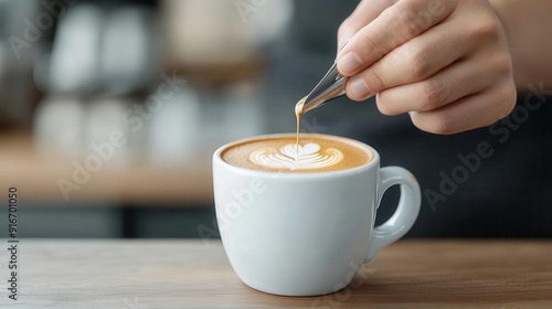 A hand carefully adding art to a latte in a white cup, showcasing the beauty of coffee brewing and presentation.