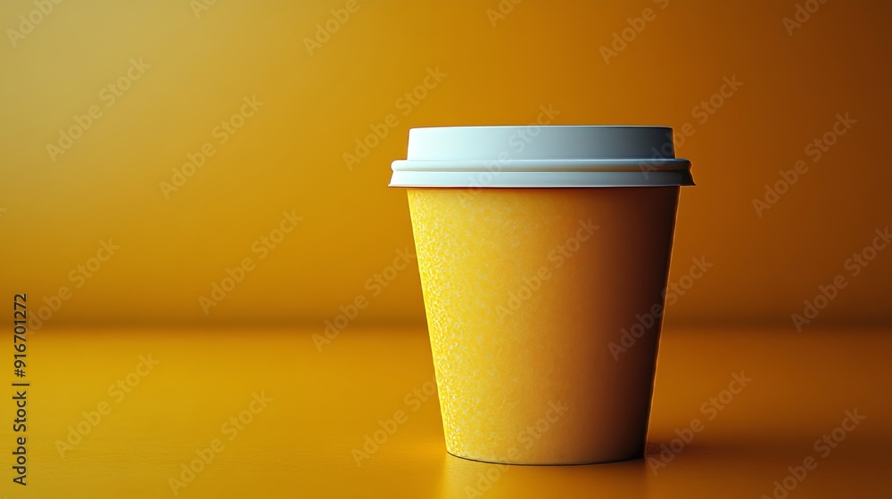 A yellow coffee cup with a white lid sits on a yellow table A yellow coffee cup with a white lid sits on a yellow table