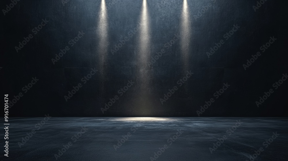 A dark room with three lights shining on it A dark room with three lights shining on it