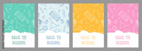 Set of trendy school posters with school supplies and typography. Back to school, study concept. School background, banner, flyer design, cover.