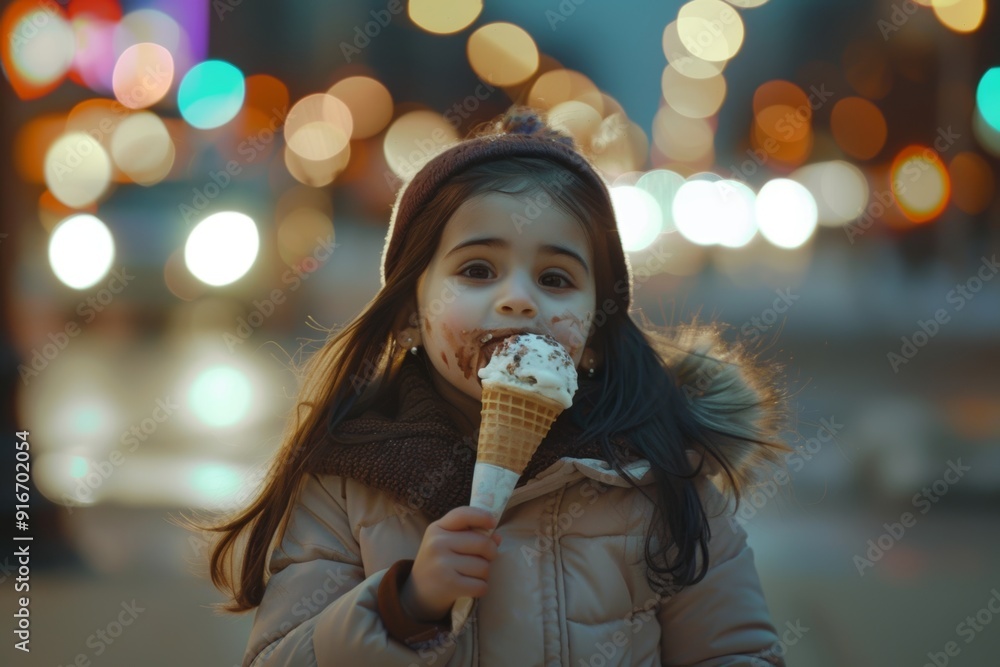 Delightful young girl long hair basking sun. Innocence and delight of childhood shine this candid moment. Kid's favorite moment is enjoying ice cream. Delightful young girl long hair basking sun. Innocence and delight of childhood shine this candid moment. Kid's favorite moment is enjoying ice cream.