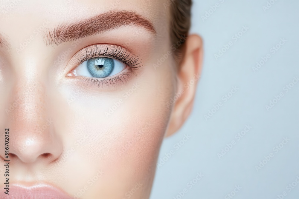 Close-up of a beautiful eye with striking blue iris and flawless skin, showcasing makeup and natural beauty. Close-up of a beautiful eye with striking blue iris and flawless skin, showcasing makeup and natural beauty.