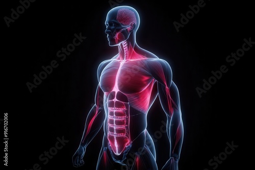 Wallpaper Mural Anatomical of a human body highlighting the internal organs and muscular structure with a glowing effect. Torontodigital.ca