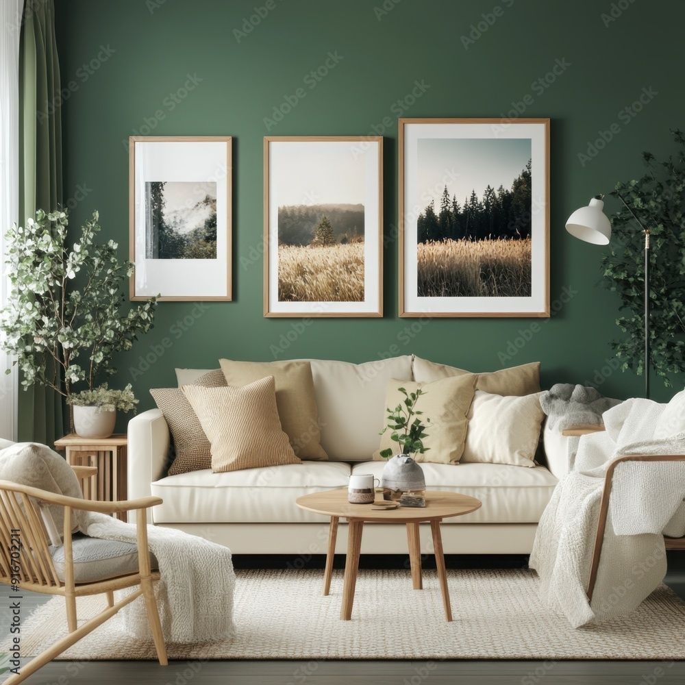 A living room with a green wall and a couch with a zebra pillow. There are three framed pictures on the wall, one of which is a picture of a field A living room with a green wall and a couch with a zebra pillow. There are three framed pictures on the wall, one of which is a picture of a field