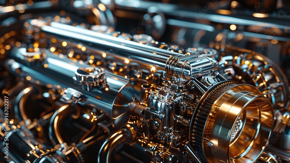 Fototapeta premium Supercar Engine Showcasing Intricate Details of Powerful Machinery - Gleaming Metallic Components Under Focused Light