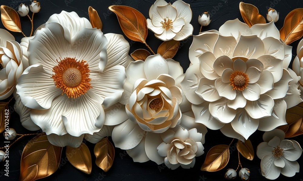 Assorted 3D flowers forming a complex abstract design with a dark background Assorted 3D flowers forming a complex abstract design with a dark background