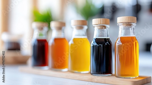 Colorful assortment of natural oils in glass bottles on a wooden tray, showcasing vibrant hues and sleek designs for culinary uses.