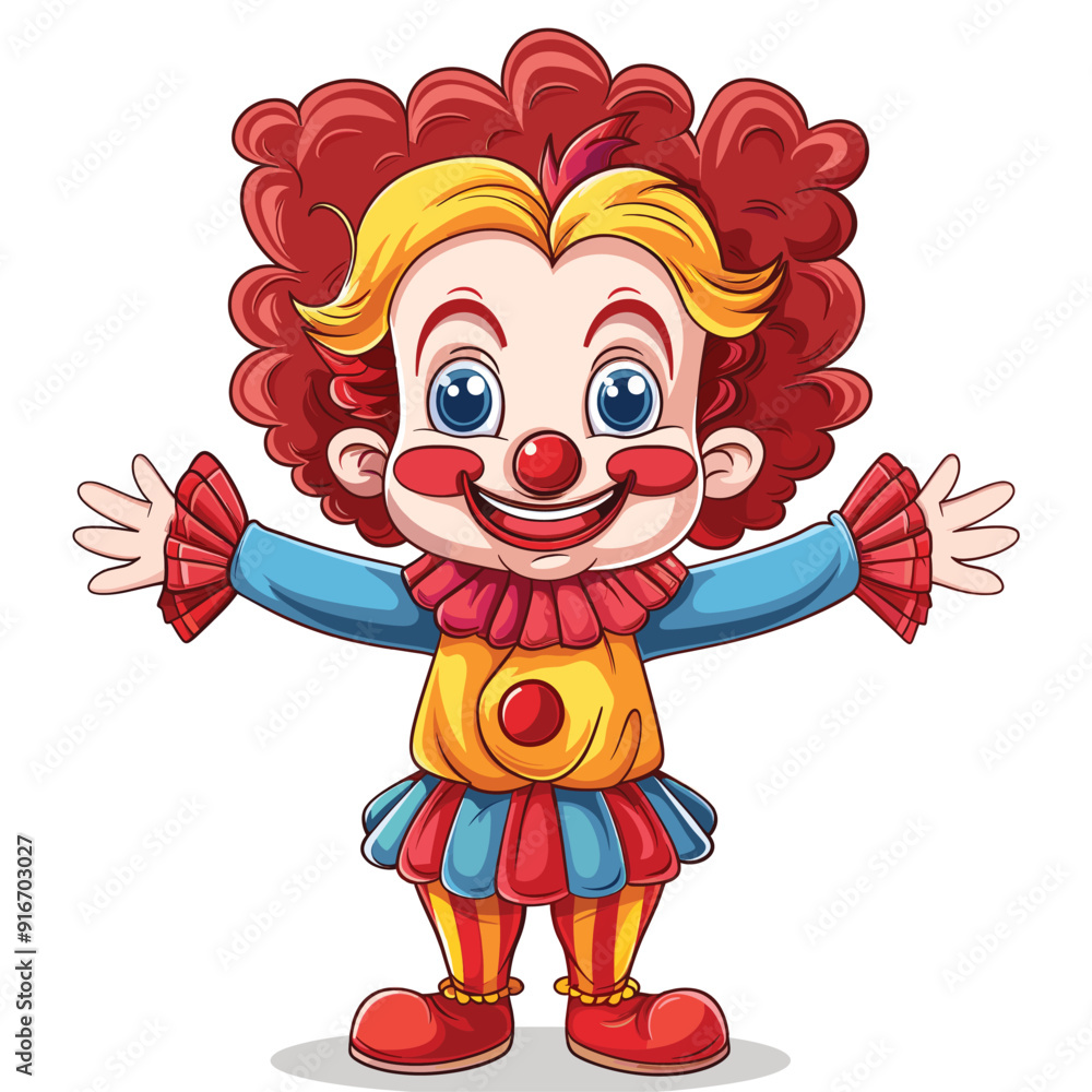 colorful cartoon clown with big hair and a wide smile on a white background.
colorful cartoon clown with big hair and a wide smile on a white background.