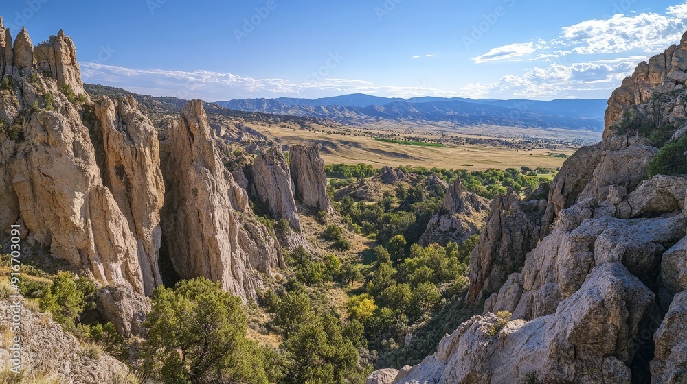 A panoramic view of a rock formation in a national park, with dramatic cliffs and rock spires towering against a clear blue sky and expansive landscape. A panoramic view of a rock formation in a national park, with dramatic cliffs and rock spires towering against a clear blue sky and expansive landscape.