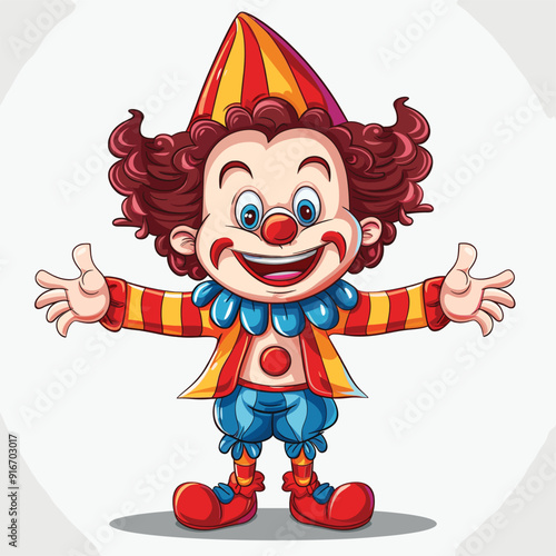  colorful cartoon clown with big hair and a wide smile on a white background.
