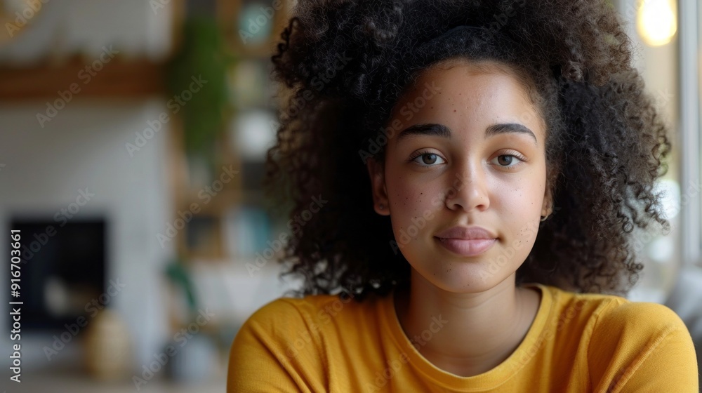 A woman with curly hair is smiling at the camera A woman with curly hair is smiling at the camera