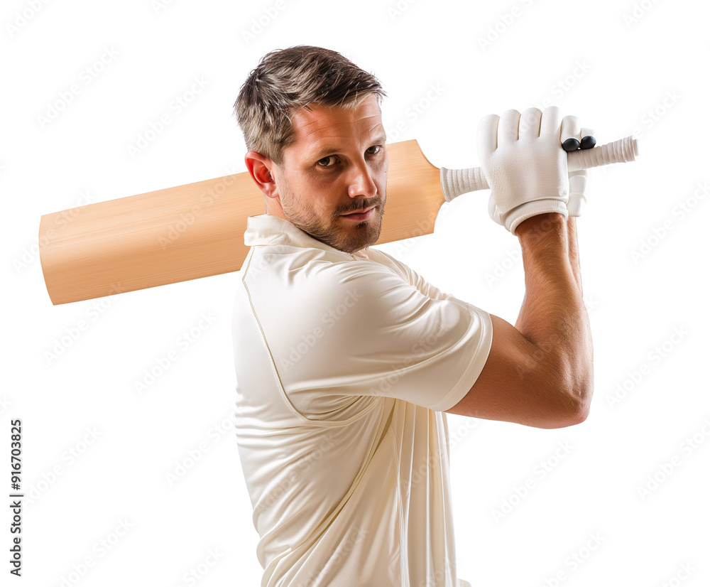 Caucasian cricket player pose with his cricket bat over shoulder