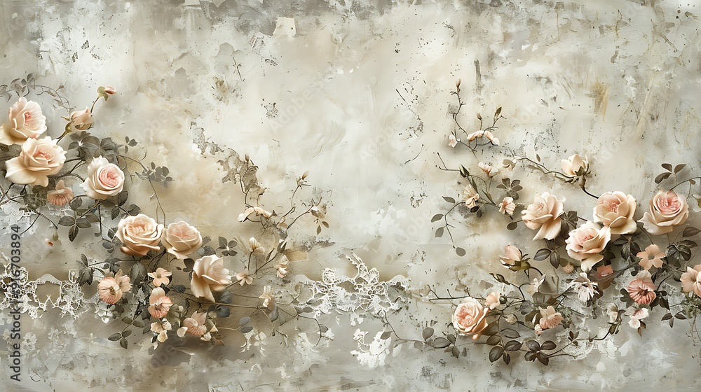 Fototapeta premium A vintage wallpaper featuring antique floral lace with roses and lilies. The flowers are depicted in soft hues with intricate lace-inspired patterns,