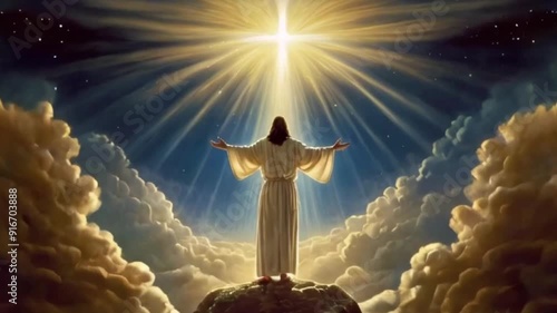 jesus christ in the clouds and a cross in the sky