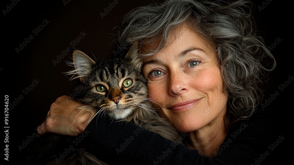 Smiling Woman Holding A Blissful, Relaxed Tabby Cat Smiling Woman Holding A Blissful, Relaxed Tabby Cat
