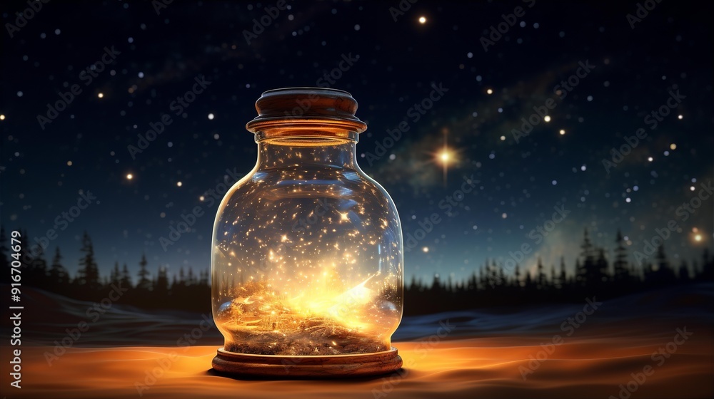 A captivating image of a glass bottle containing a fantastical night sky, complete with stars, nebulae, and a stylized tree-like structure. A captivating image of a glass bottle containing a fantastical night sky, complete with stars, nebulae, and a stylized tree-like structure.