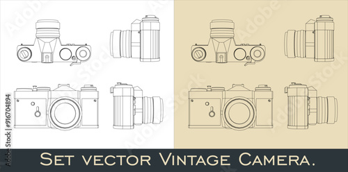 Set camera analog retro classic. Vector line drawing from all view top corner side back isolated in transparent background
