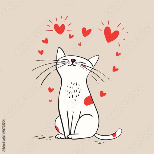 Happy black and white cat illustration with red hearts, symbolizing love.
