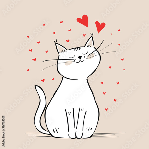 Happy black and white cat illustration with red hearts, symbolizing love.
