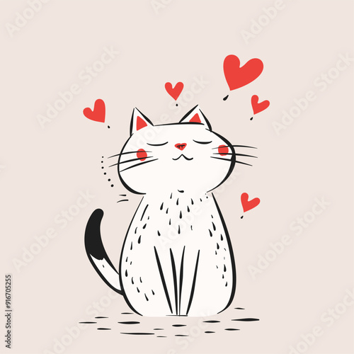 Happy black and white cat illustration with red hearts, symbolizing love.
