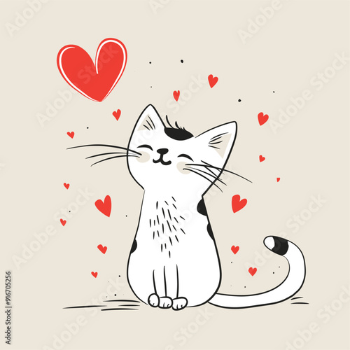 Happy black and white cat illustration with red hearts, symbolizing love.
