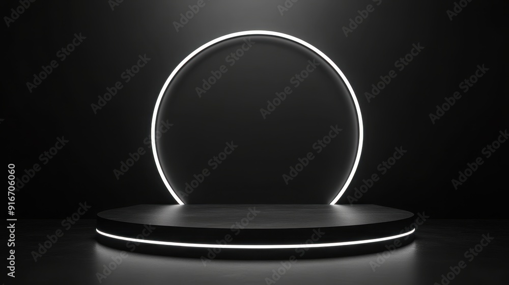 Sleek Black and White Neon Podium on Dark Background for Product Marketing Sleek Black and White Neon Podium on Dark Background for Product Marketing