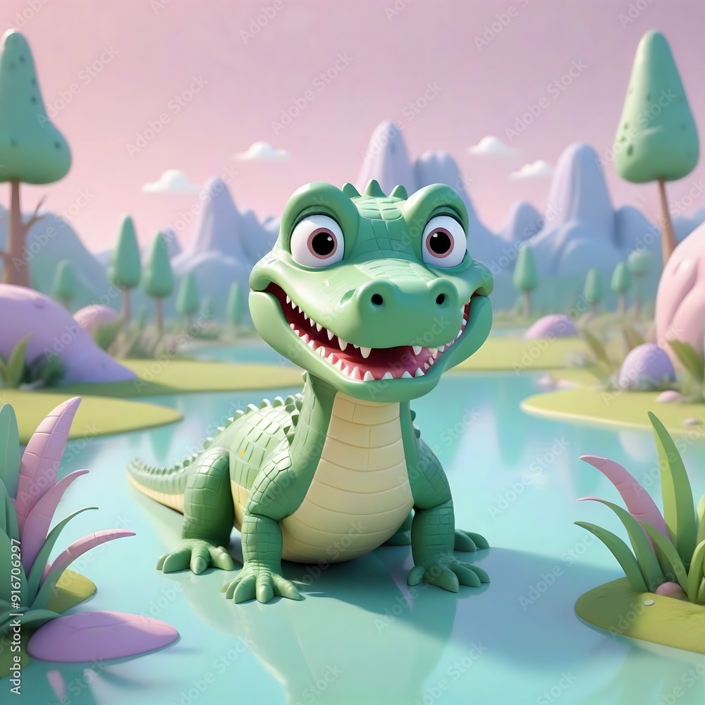 Cute cartoon crocodile smiling in a whimsical landscape. Cute cartoon crocodile smiling in a whimsical landscape.