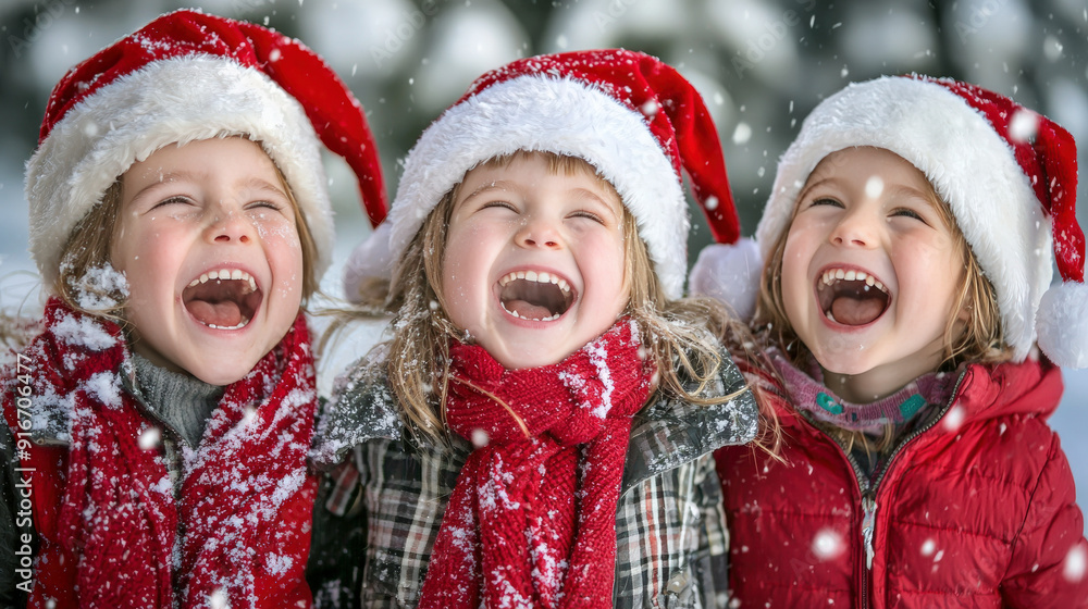 Children joyfully singing carols in winter wonderland Children joyfully singing carols in winter wonderland