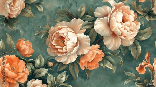 An antique wallpaper design depicting peonies and irises in ornate, repeating motifs. The flowers are illustrated in soft, muted colors with intricate patterns, photo