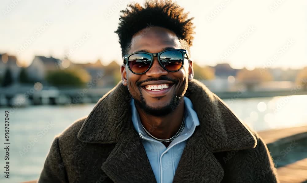Portrait of happy african american man wearing sunglasses and coat smiling at camera while standing on the pier Portrait of happy african american man wearing sunglasses and coat smiling at camera while standing on the pier