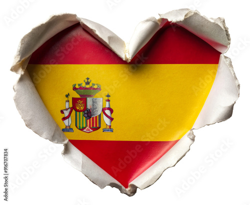Spanish flag in heart shape torn from paper isolated on transparent background
