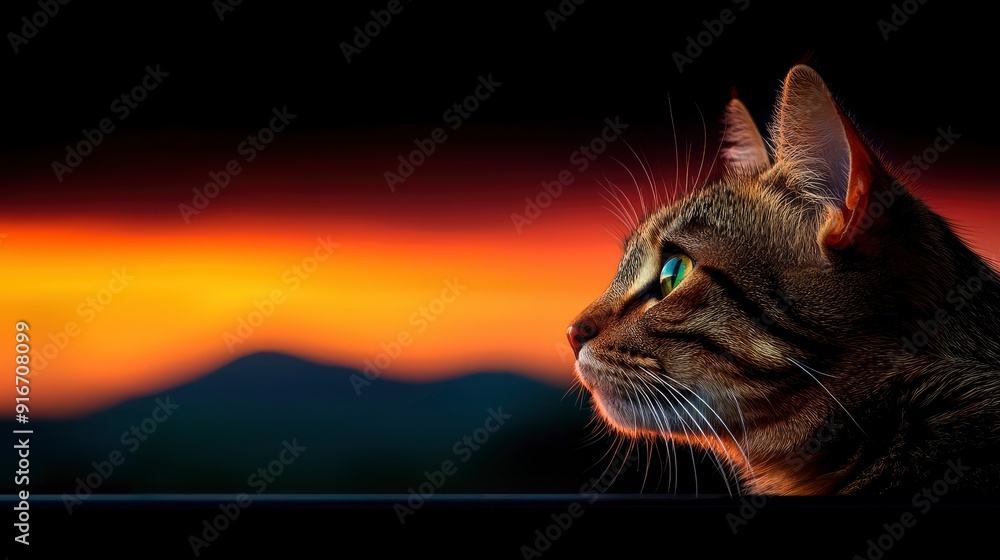 Sunset Silhouette Of A Cat, Peaceful And Vibrant Sunset Silhouette Of A Cat, Peaceful And Vibrant