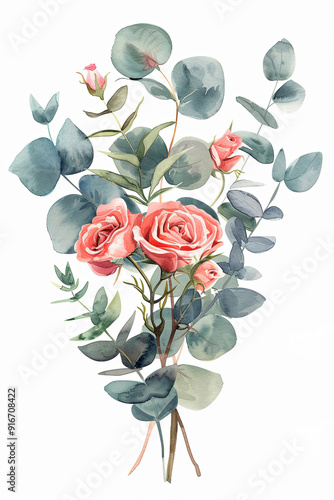 Mansfield Park large flower bouquet isolated on white background. Watercolor hand drawnillustration photo