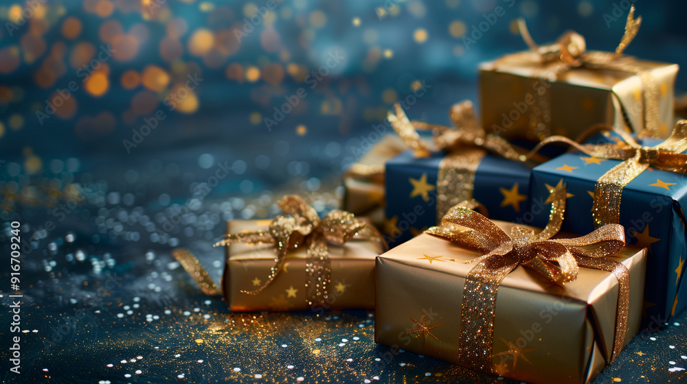 Gift boxes with gold ribbons on blue background. Gift boxes with gold ribbons on blue background.