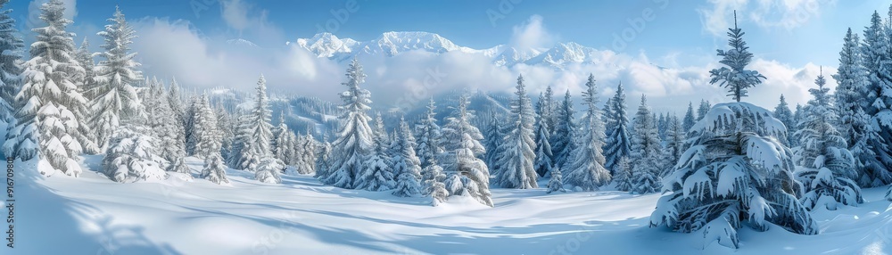 Snowy mountain forest panorama, dense snow-covered trees, serene and peaceful, winter wonderland, untouched nature Snowy mountain forest panorama, dense snow-covered trees, serene and peaceful, winter wonderland, untouched nature