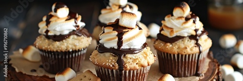 S mores cupcakes featuring graham crackers toasted marshmallows and chocolate syrup photo