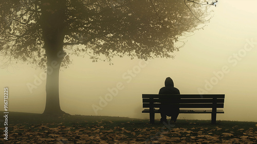 A person sitting alone on a park bench, surrounded by misty morning light, feeling