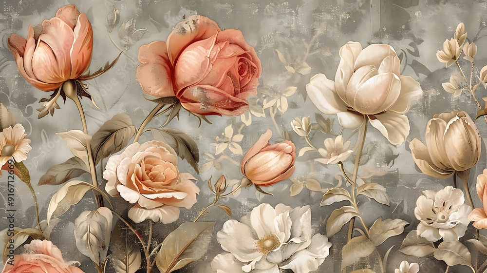 Fototapeta premium A beautifully detailed vintage wallpaper featuring a floral tapestry of roses and tulips.