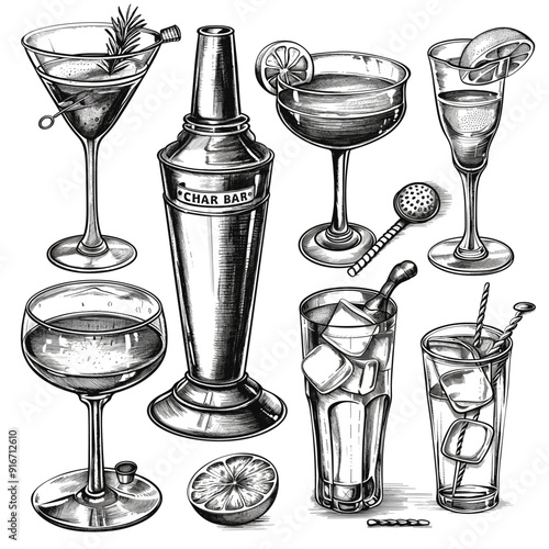 Hand-drawn illustration of cocktail equipment and drinks, detailed and vintage-style.

