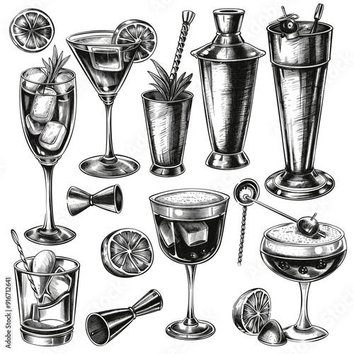 Hand-drawn illustration of cocktail equipment and drinks, detailed and vintage-style.
