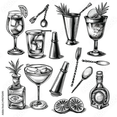 Hand-drawn illustration of cocktail equipment and drinks, detailed and vintage-style.
