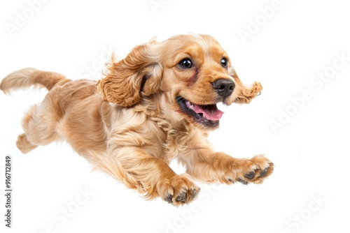 Funny Happy. Adorable English Cocker Spaniel Playing on White Background