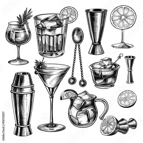 Hand-drawn illustration of cocktail equipment and drinks, detailed and vintage-style.
